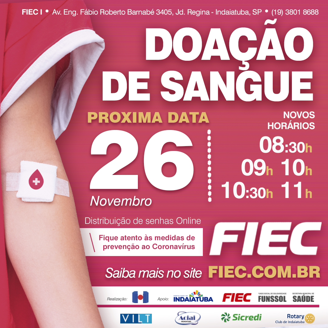 Campanha de doação de sangue acontece neste sábado 26/11 na Fiec