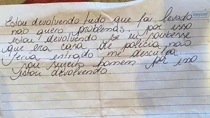 Ladrão devolve bens ao descobrir que roubou delegado: “Desculpe”
