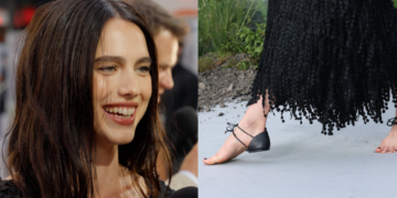 Atriz chama atenção ao surgir com “sandália descalça” em evento de divulgação de filme