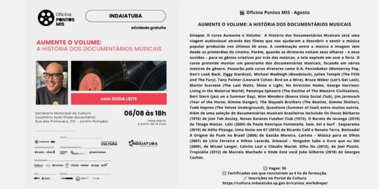 Cultura abre inscrições para curso sobre documentários musicais que acontece no dia 6 de agosto